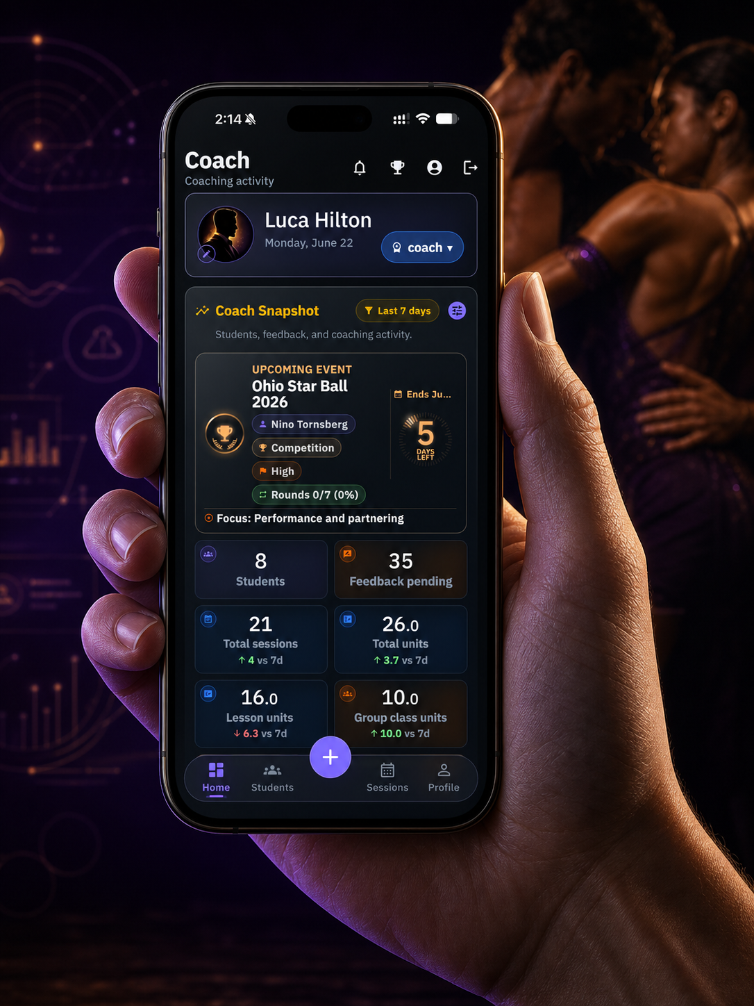 AXIOM app shown on an iPhone with ballroom dancers in the background
