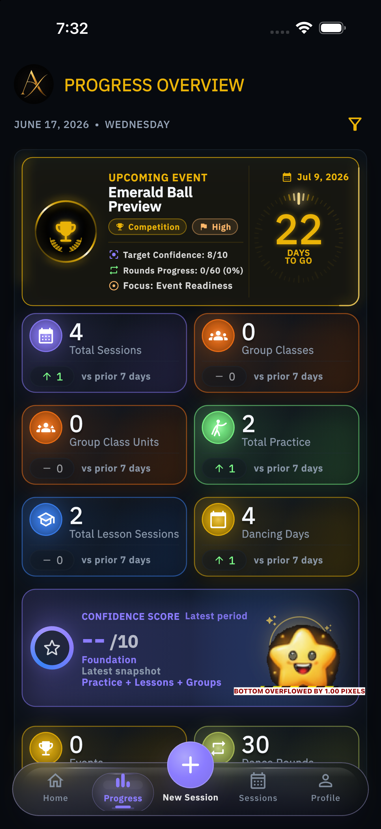 AXIOM Progress screen with event goal and training metrics