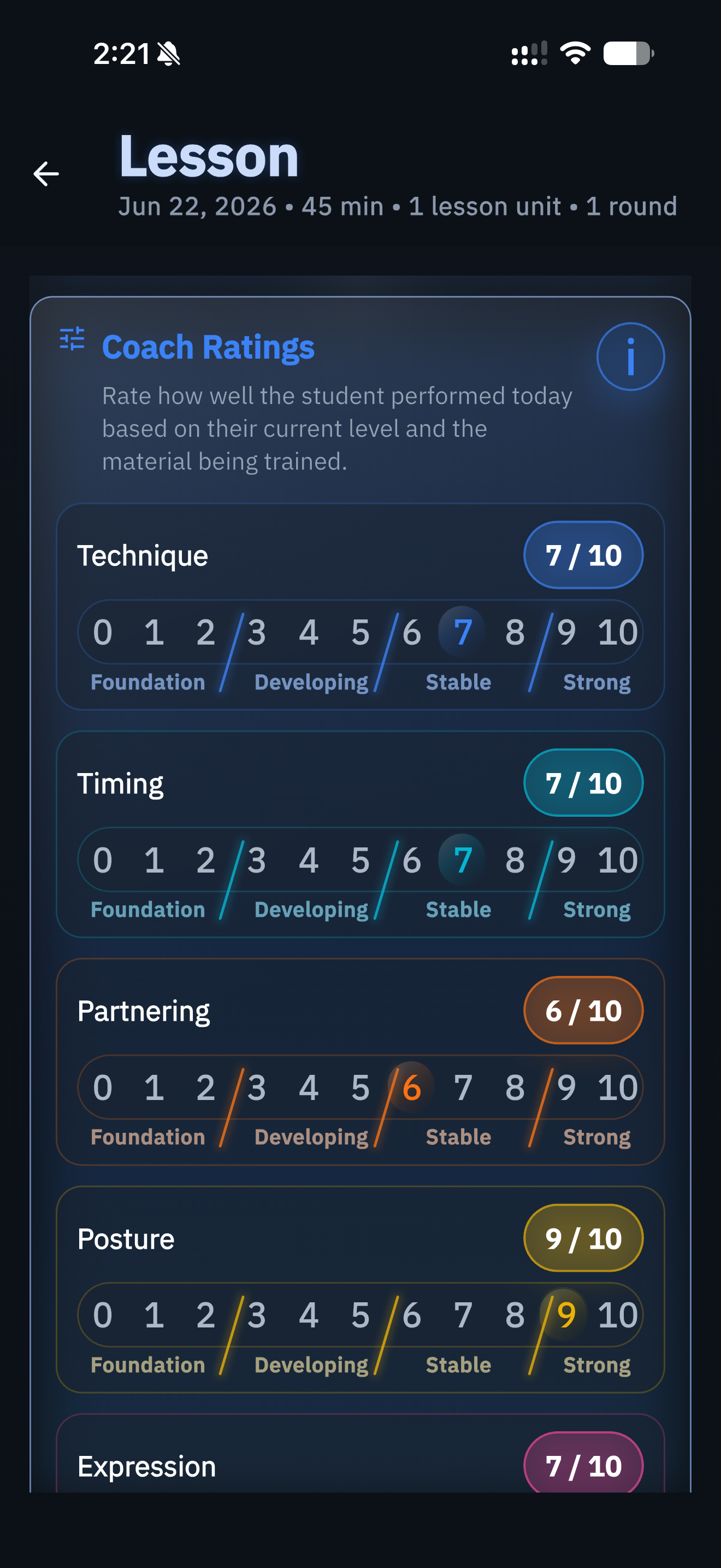 Coach Ratings screen in AXIOM